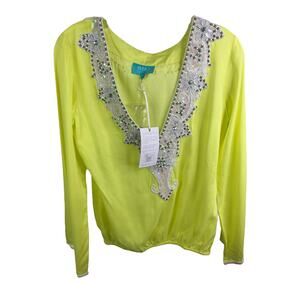 TAJ By Sabrina Crippa Women S Long Sleeve Blouse Yellow Jeweled Deep V Neck NWT